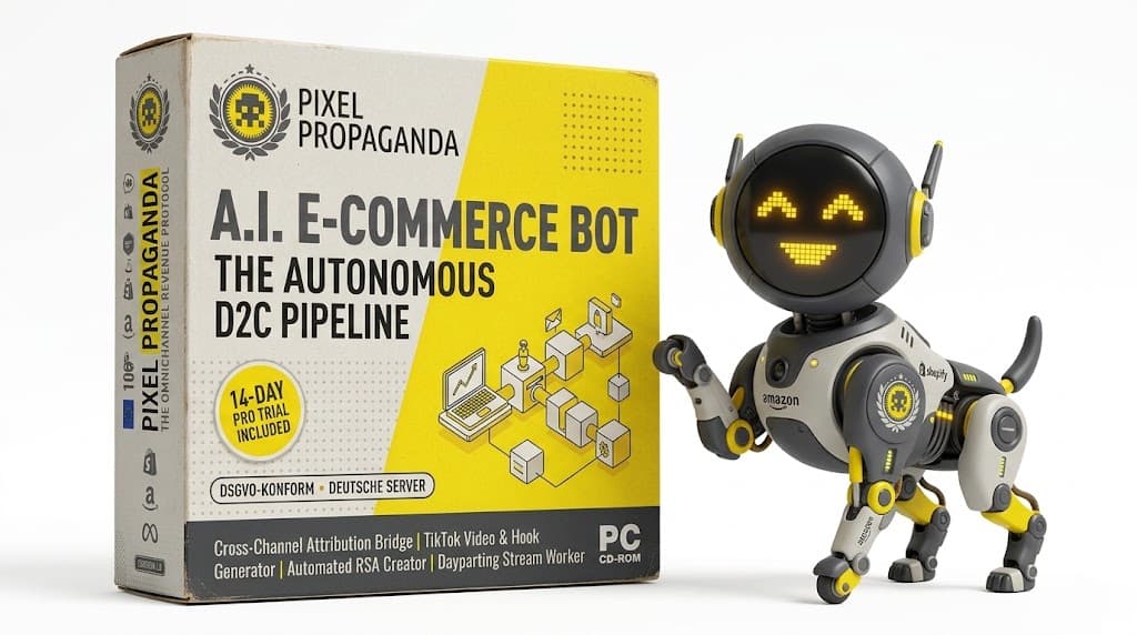Pixel Propaganda AI e-commerce bot box with robot dog mascot, Shopify, Amazon and TikTok live integration